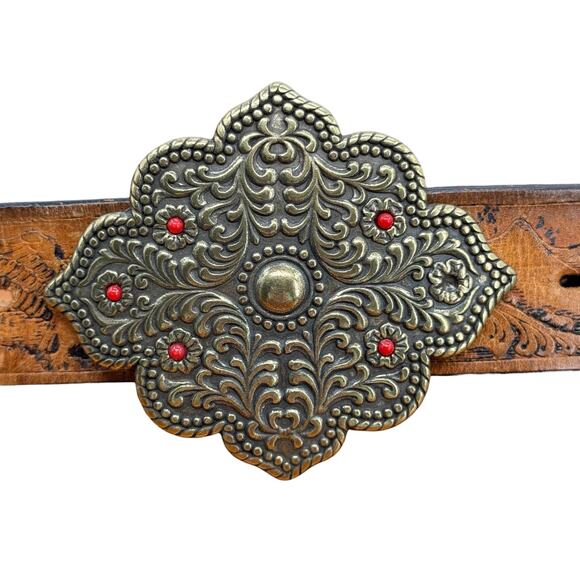 Western Leather Fancy Buckle Belt SZ 38 Women’s Brown Large Buckle Tooled Eagle - Picture 4 of 10